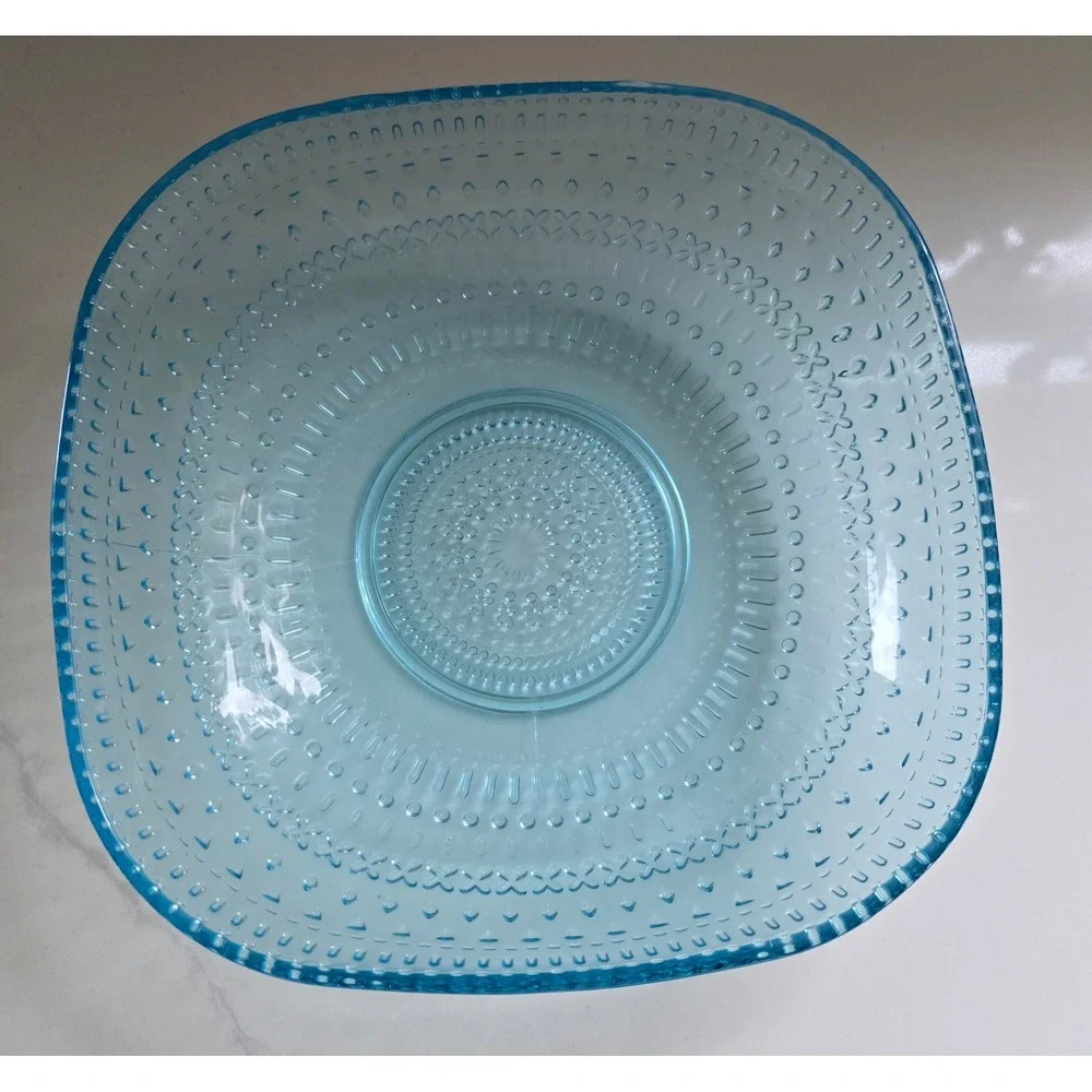 Light Blue Pressed Glass Square‎ Serving Bowl Hobnail Geometric Textured Dish